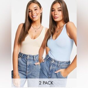 Miss Selfridge 2 pack sleeveless voop neck bodysuit in blue and camel size 4
